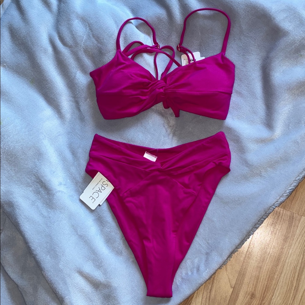 l*space Fuchsia Twist Bralette & High-Waist Bikini Bottoms